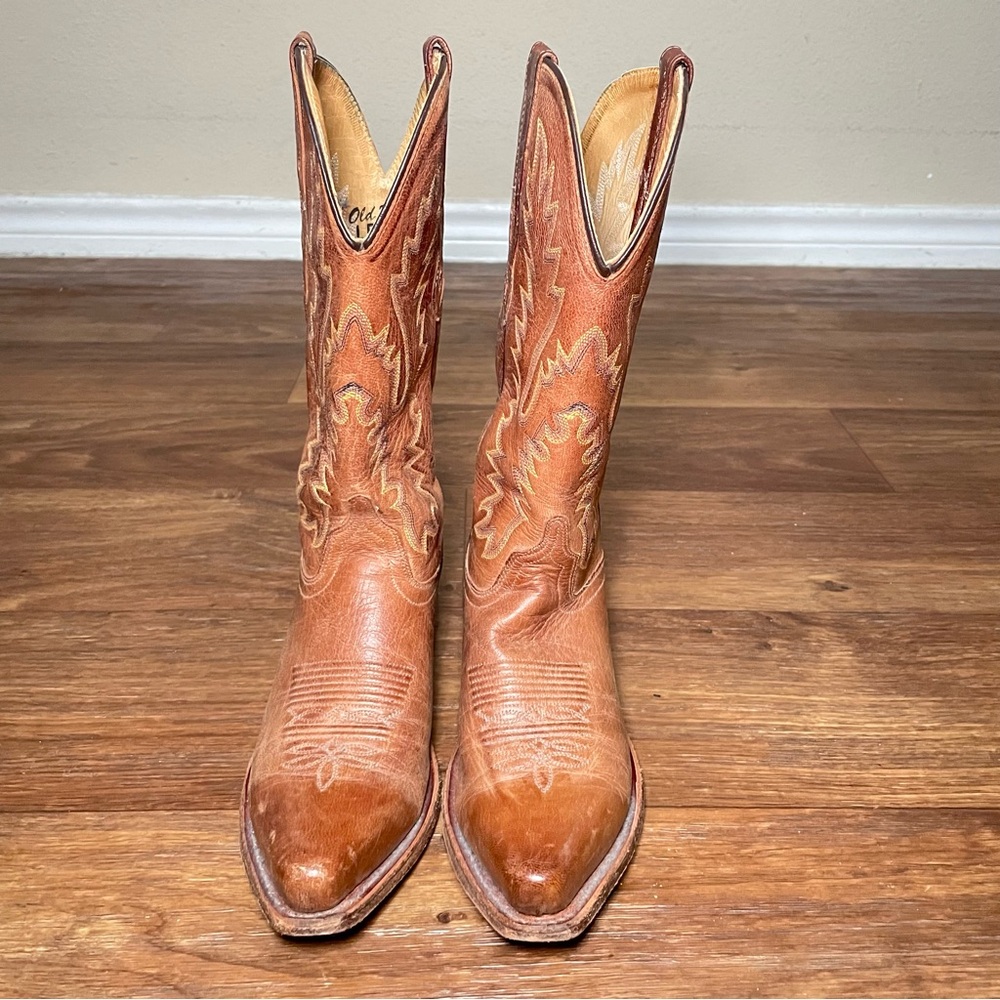 OLD WEST WOMENS LEATHER COWBOY BOOTS 6.5‎ M TAN SNIP TOE WESTERN